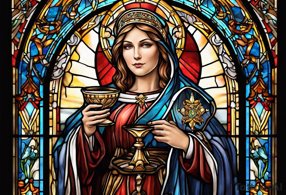 holy saint woman with halo stained glass holding a chalice with artillery tattoo idea