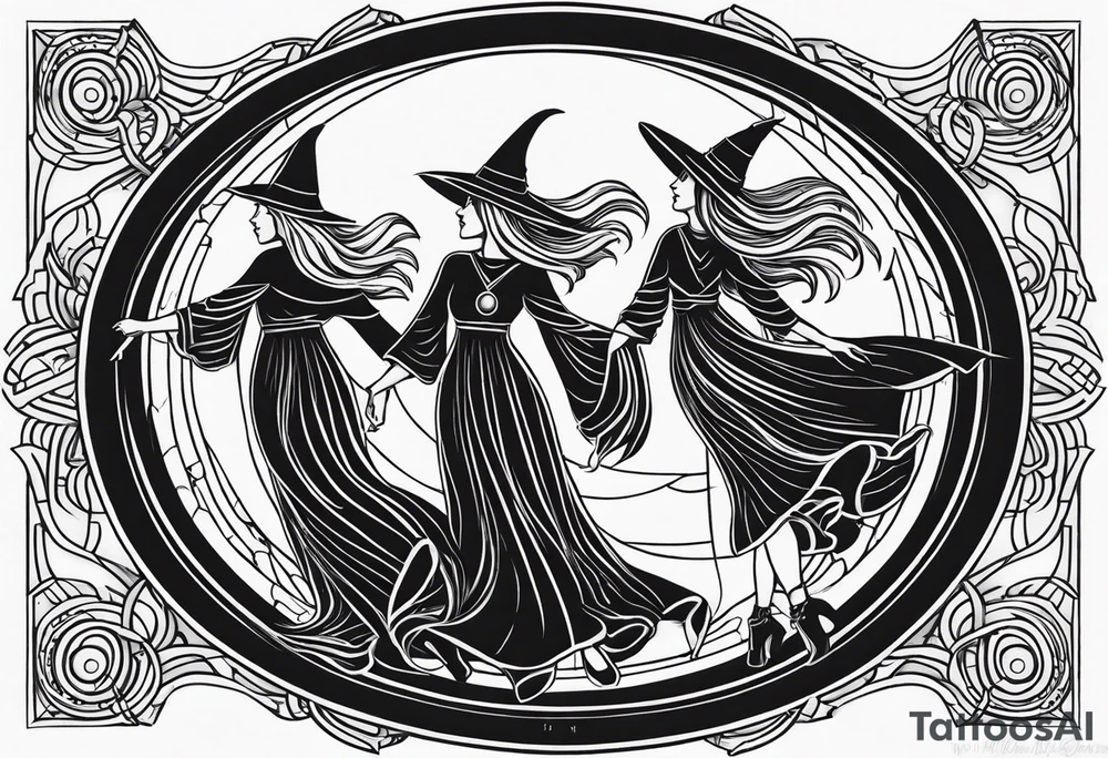 Blackwork tattoo about three witches dancing to the moon tattoo idea