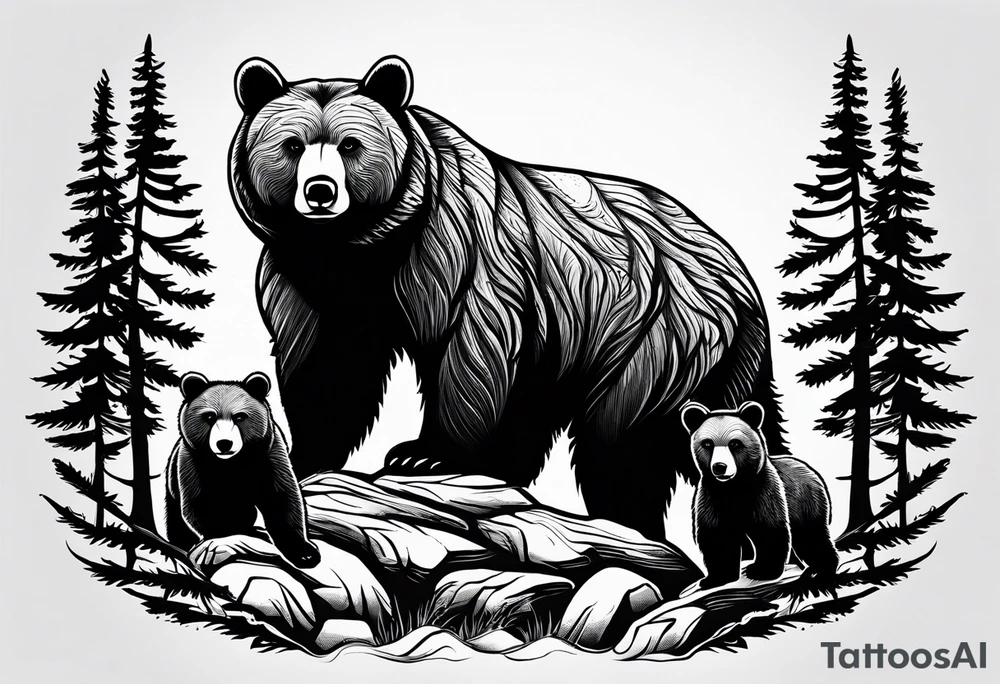 The tattoo shows a mother bear holding two bear cubs in her arms. A small bear cub and a larger bear cub. The bears are surrounded by fir trees and rocks. There is written „no matzer what i got your back“ above and under tattoo idea