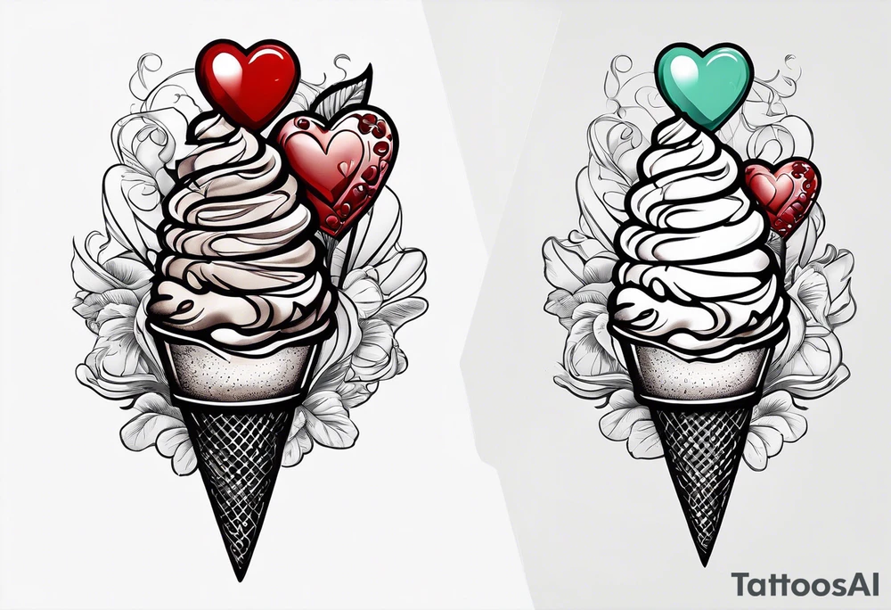 mint chocolate chip ice cream cone with small red heart on it somewhere. tattoo idea