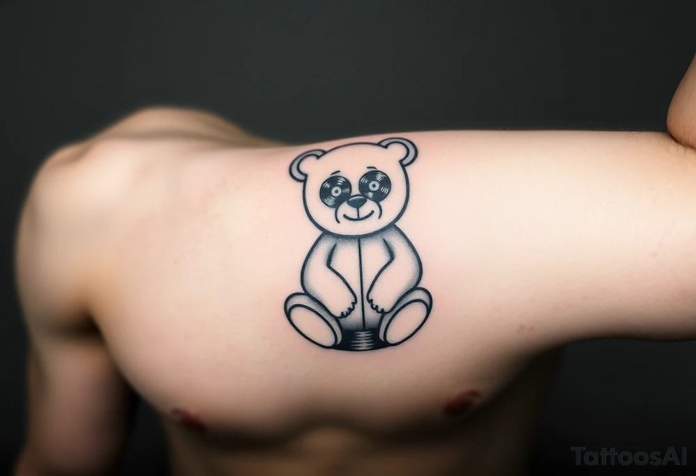 minimalist teddy bear with vinyl records as eyes smiling and sitting on a record tattoo idea