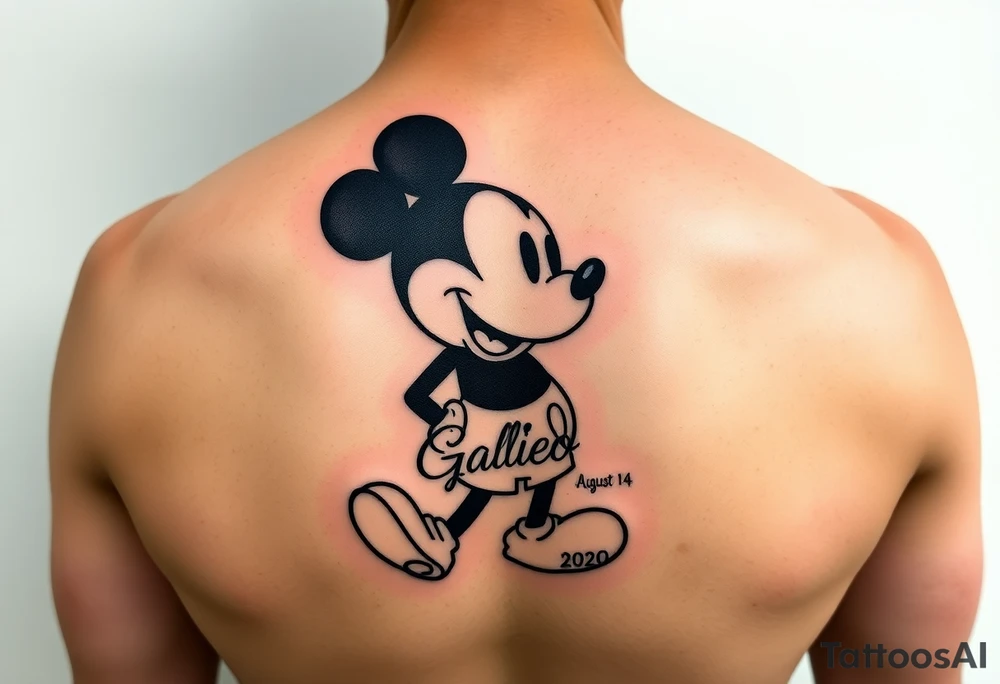 mickey mouse symbol with the name Galileo and the date August 14,2020, incorporated tattoo idea