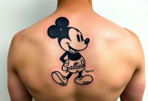 mickey mouse symbol with the name Galileo and the date August 14,2020, incorporated tattoo idea
