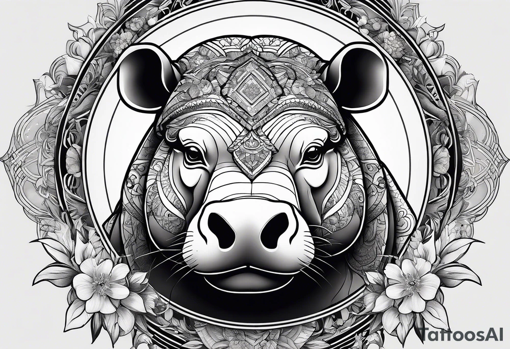 Very asymmetrical, +geometric pattern, with realistic full moon, with hippo head looking back ,
with wintersweet flower bud, +portrait orientation, +inkart touch, tattoo idea