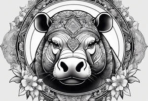 Very asymmetrical, +geometric pattern, with realistic full moon, with hippo head looking back ,
with wintersweet flower bud, +portrait orientation, +inkart touch, tattoo idea