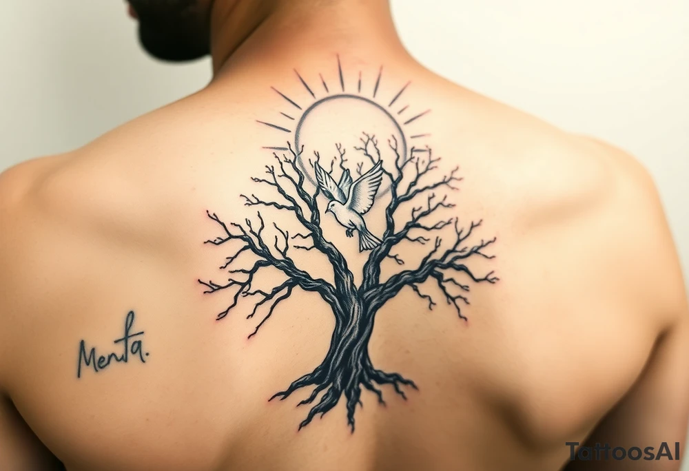 "A tattoo design featuring sun rays  clearly radiating from the top of the shoulder, with a serene forest scene in the background. Incorporate a prominent 'poison tree' design, featuring twisted and gnarled branches, symbolizing duality or mystery. Add a white dove in flight in the foreground, positioned slightly above or near the tree, symbolizing peace and hope. The overall design should have a balance of contrast and shading, blending realism with a slightly surreal artistic style." tattoo idea