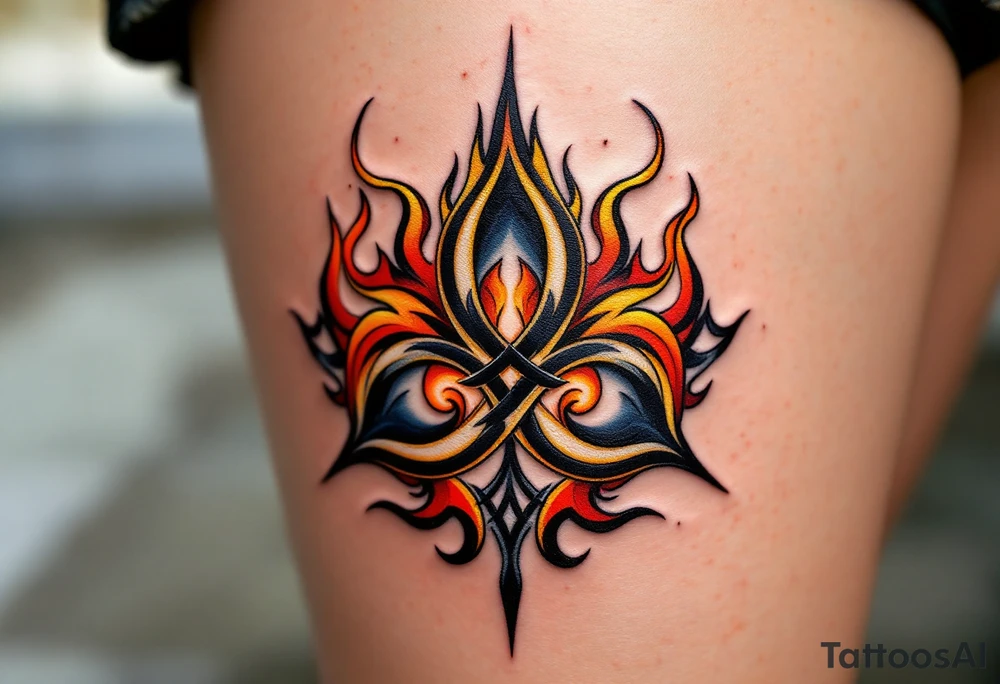 A bold, fiery triskelion with swirling flames in shades of orange, red, and yellow, symbolizing transformation, passion, and energy. The design can incorporate Celtic knotwork within the spirals for added depth. tattoo idea