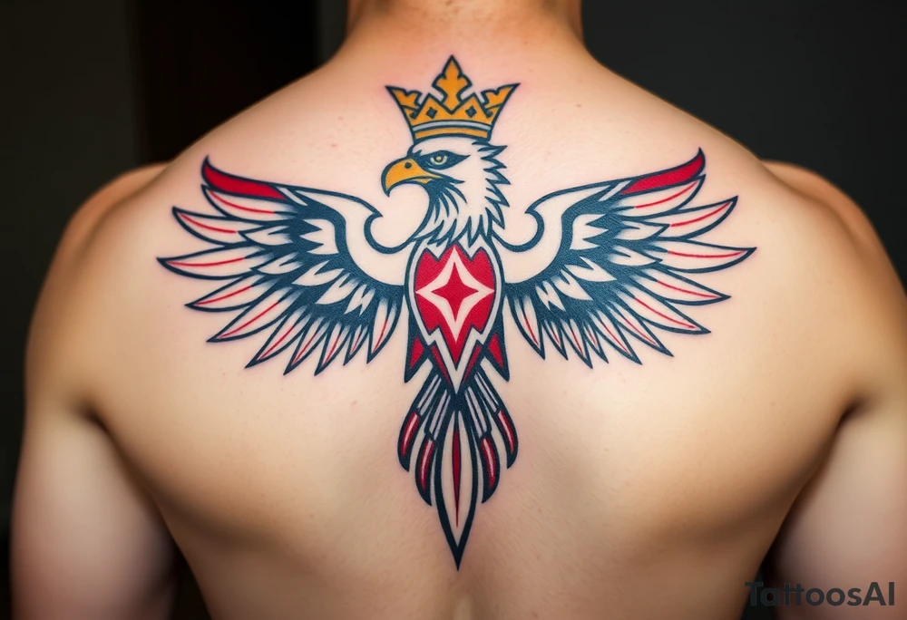 A majestic red and white Moravian eagle with golden crown on its head with intricate tribal patterns tattoo idea