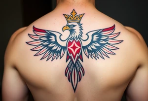 A majestic red and white Moravian eagle with golden crown on its head with intricate tribal patterns tattoo idea
