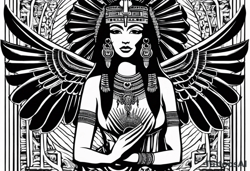 black and white Egyptian goddess Isis, who is often depicted as a woman with outstretched wings, holding an ankh (a symbol of life) in one hand and a lotus flower in the other. Her headdress often includes a throne or a solar disk. The tattoo design can vary in style and size, but it typically aims to capture the essence of this revered Egyptian deity, emphasizing her beauty, power, and maternal qualities. The choice of colors and additional elements can also be customized to create a unique and visually striking representation of the goddess Isis tattoo idea