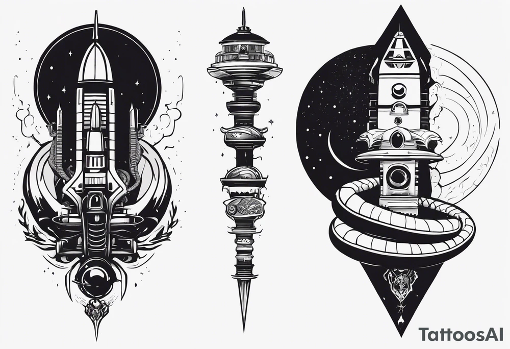 Powerful snake with an engine, also the dseign must be vertical. Also, the desing must be minimalistic not saturated. Remember the vertical proportion of the design. Within the design appears a spaceship with stars and bullets tattoo idea
