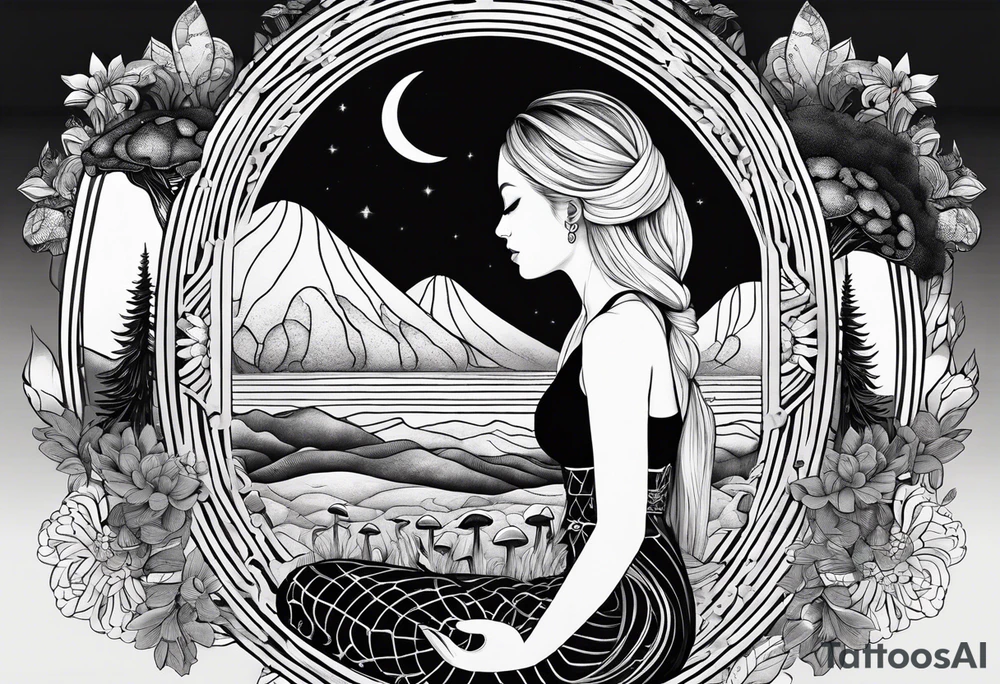 Straight blonde hair girl meditating facing away toward mountains surrounded by mushrooms crescent moon mandala circular design black and white striped dress tattoo idea