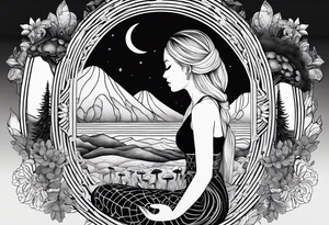 Straight blonde hair girl meditating facing away toward mountains surrounded by mushrooms crescent moon mandala circular design black and white striped dress tattoo idea