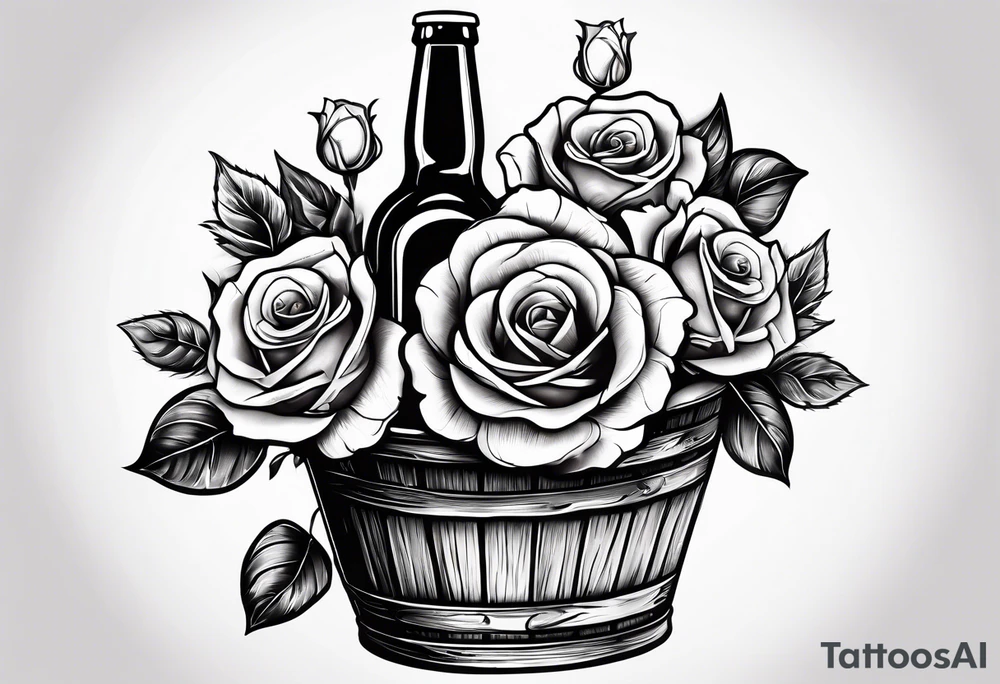 A bottle of beer and a stalk of rose in the bucket tattoo idea