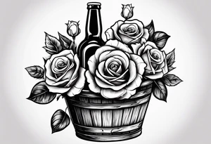 A bottle of beer and a stalk of rose in the bucket tattoo idea