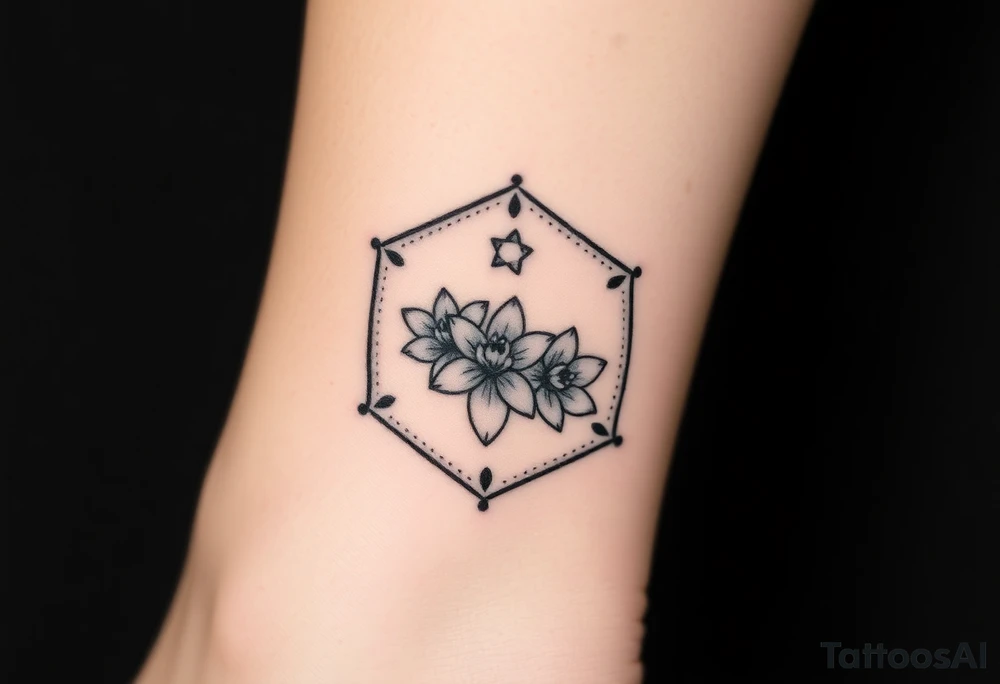 Hexagon with a Leo constellation, larkspur and water lilies in the center tattoo idea