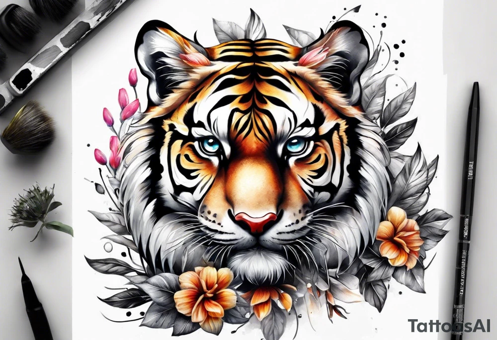 realistic full body tiger, 3 butterflies, flowers for ladies thigh / hip shaded tattoo idea