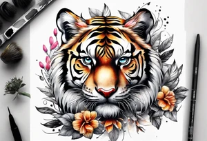 realistic full body tiger, 3 butterflies, flowers for ladies thigh / hip shaded tattoo idea