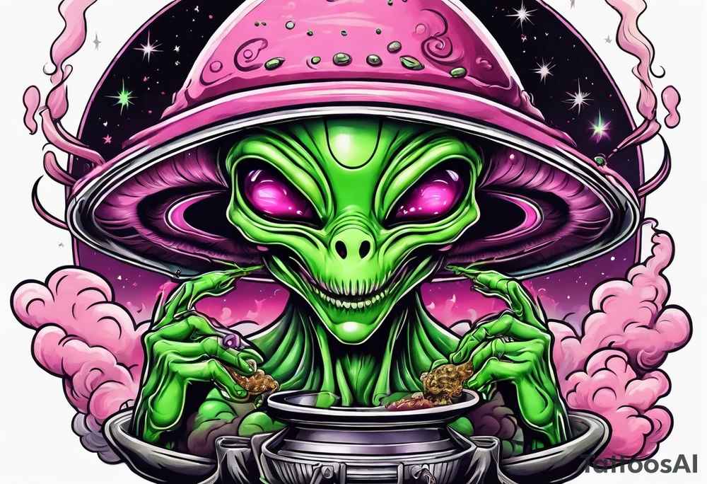 green alien inside of a ufo, smoking a joint, is smiling, pink smoke tattoo idea