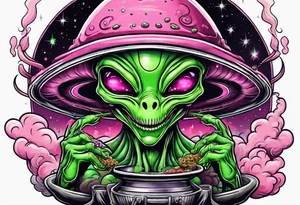 green alien inside of a ufo, smoking a joint, is smiling, pink smoke tattoo idea