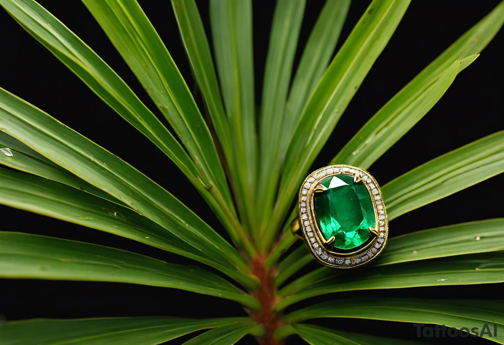 A striking Gachala emerald sits at the base of a tall quindio wax palm, which grows resiliently from cracks in rugged, rocky soil. The emerald is the main focal point, symbolizing strength and endurance, while the wax palm, rooted in the soil’s crevices, represents growth and resilience. A small water stream flows gently from the rocks, adding an element of life and nourishment. tattoo idea