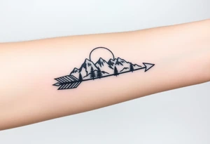Mountains sun sea trees on an arrow like design tattoo idea