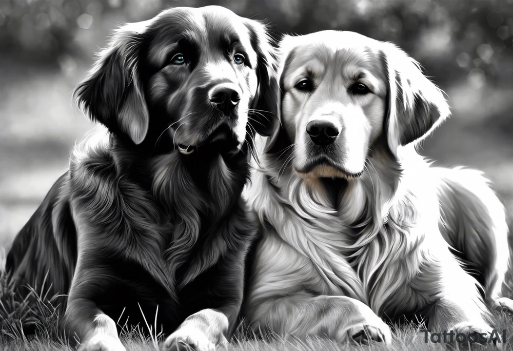 two dogs one is a dark colored golden retriever and the other is a light colored Labrador. They are happy. tattoo idea
