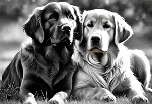 two dogs one is a dark colored golden retriever and the other is a light colored Labrador. They are happy. tattoo idea
