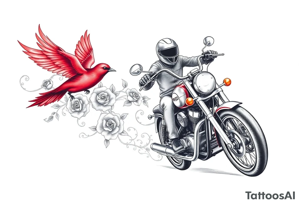 Motorcycle driving away, two red birds flying, roses and lace, flames tattoo idea