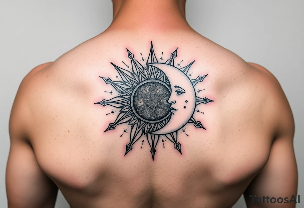 celestial sun and moon embrace with constellation patterns with 222 tattoo idea celestial sun and moon embrace with constellation patterns with 222 tattoo idea