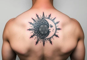 celestial sun and moon embrace with constellation patterns with 222 tattoo idea