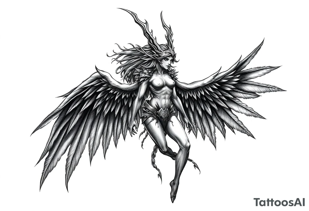 A fierce looking Valkyrie with very big dark wings. The whole body with legs should be visible tattoo idea