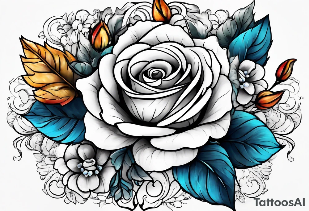 Front knee tattoo with fall colors, small flowers, rose, leaves, blue water flows with washes and background tattoo idea