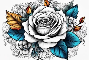 Front knee tattoo with fall colors, small flowers, rose, leaves, blue water flows with washes and background tattoo idea