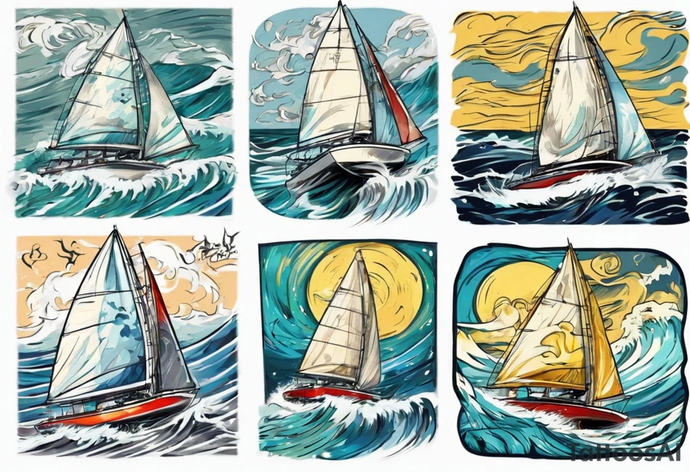 Sailing Catamaran in Rough weather and waves tattoo idea