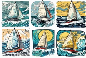 Sailing Catamaran in Rough weather and waves tattoo idea