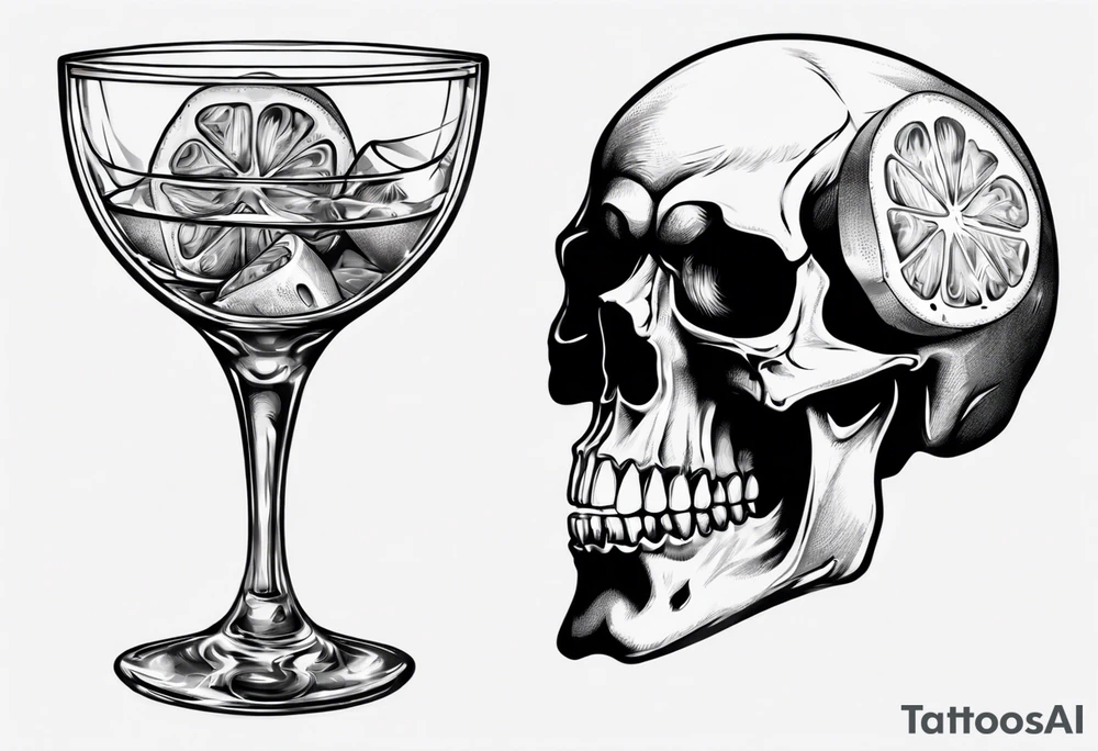 A smiling looking to the left scull inside the glass with alcohol and piece of lime tattoo idea