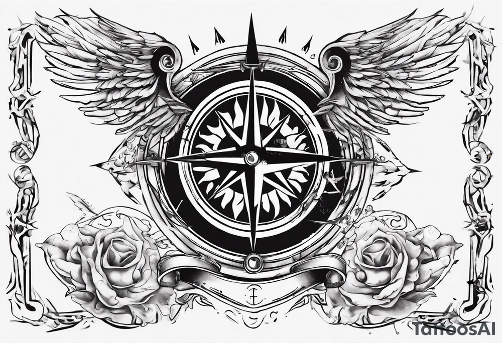 Chest tatoo with sun and letters and compass and angels tattoo idea