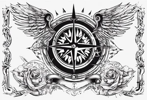 Chest tatoo with sun and letters and compass and angels tattoo idea