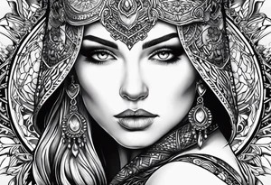 Viking, feminine warrior, mandala, bedroom eyes, headshot, closeup tattoo idea