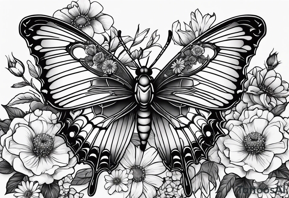 Dark feminine spider butterfly with roses, daisies, marigolds, sweet peas and Cosmos flowers. tattoo idea