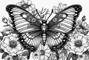 Dark feminine spider butterfly with roses, daisies, marigolds, sweet peas and Cosmos flowers. tattoo idea
