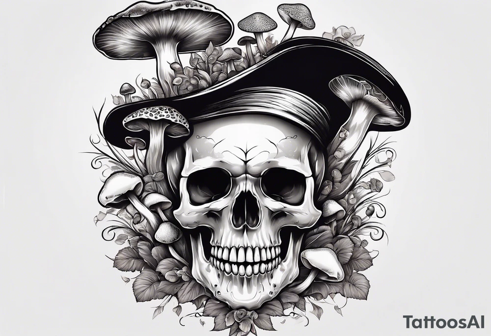 Skull with mushrooms attached like it’s becoming a part of them tattoo idea