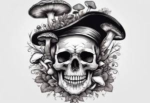 Skull with mushrooms attached like it’s becoming a part of them tattoo idea