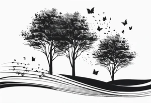 3 trees on a grassy hill with leaves blowing away in the breeze. The leaves transform into tiny pages torn out of a book. tattoo idea