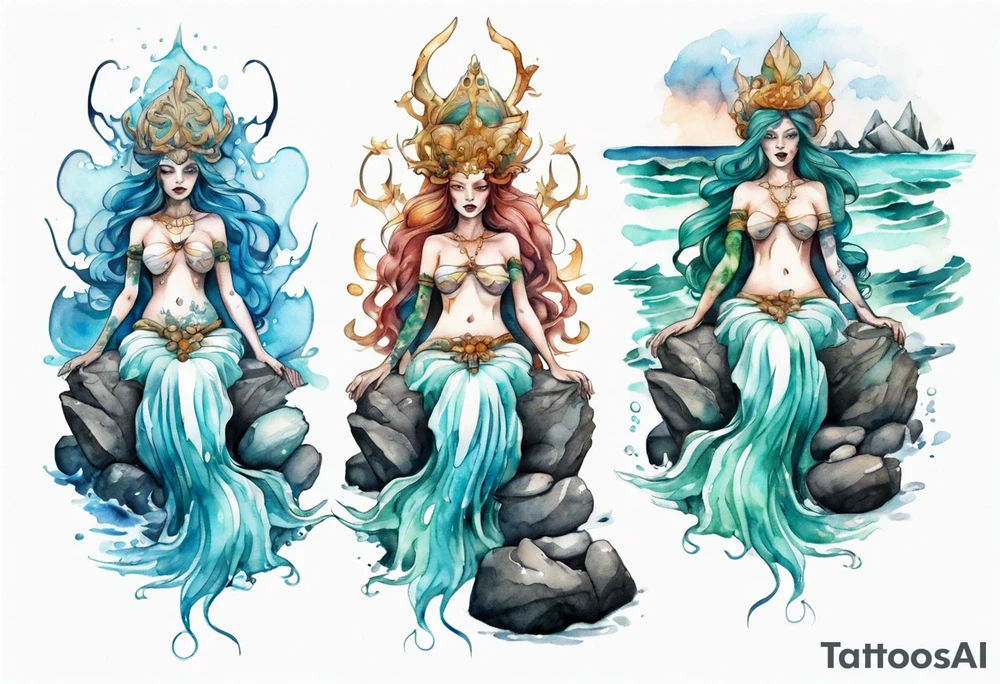 a sea goddess sitting on rocks by the ocean tattoo idea