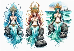 a sea goddess sitting on rocks by the ocean tattoo idea