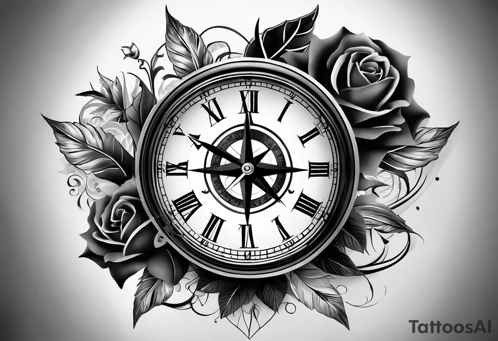 draw me a tattoo with an old clock and a compass rose. shadows of roman numerals are in the background. it is a tattoo located on the left shoulder of a man. it is black and white. tattoo idea