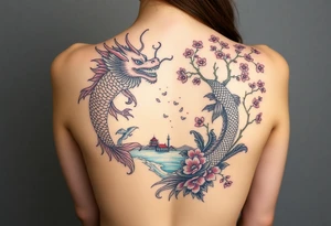 Dragon, coi fish, cherry blossom tree, ying yang, light house, landscape, water full back piece tattoo idea