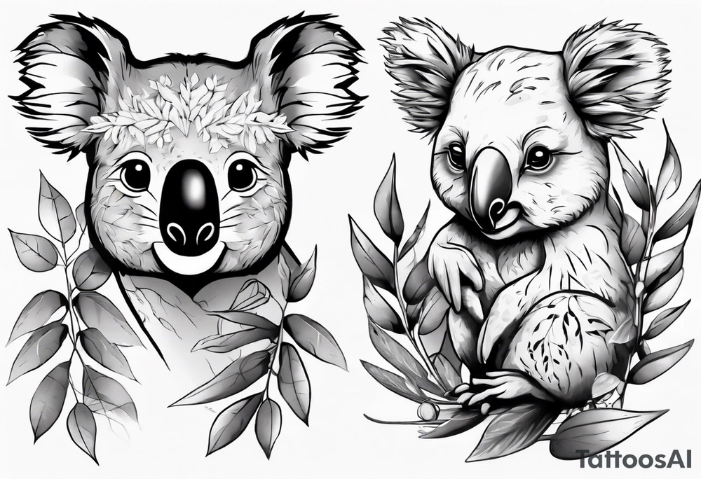 A koala with a kookaburra with eucalyptus leaves and wattle leaves tattoo idea